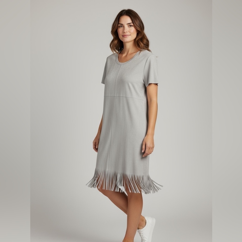 Joh Dove Grey Stretch Faux Suede Dress w Fringe - Picture 3 of 9